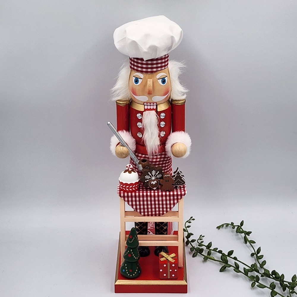 Chef Baker Nutcracker Red Gingham Wooden Gingerbread Christmas Holiday Decor 15"